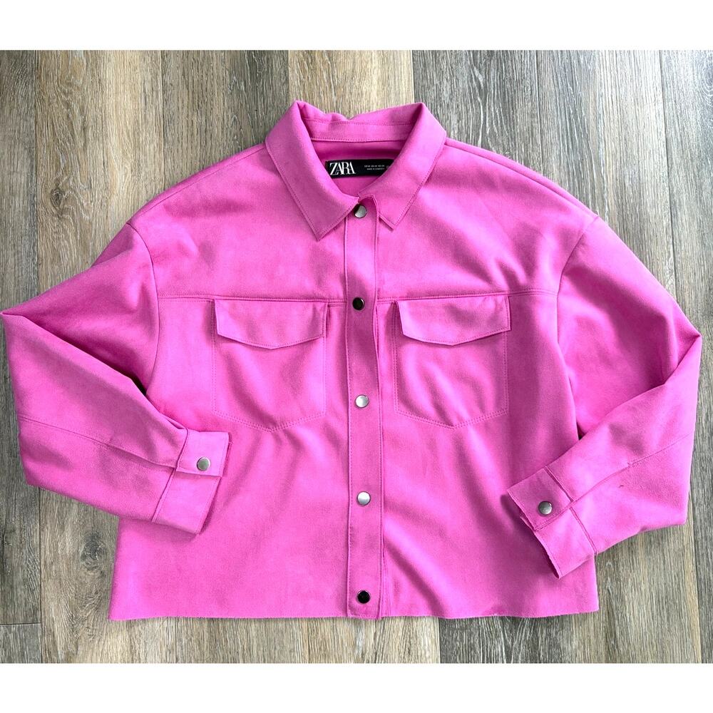 Zara Womens Medium Hot Pink Faux Suede Shacket Overshirt Snap Front Cropped